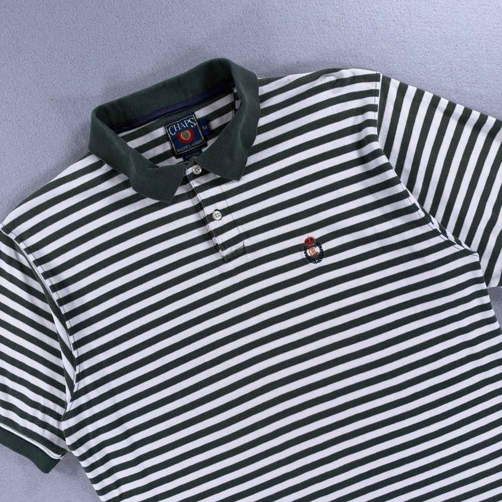 Vintage Chaps Ralph Lauren Striped Crest Polo Shirt Men's M Green